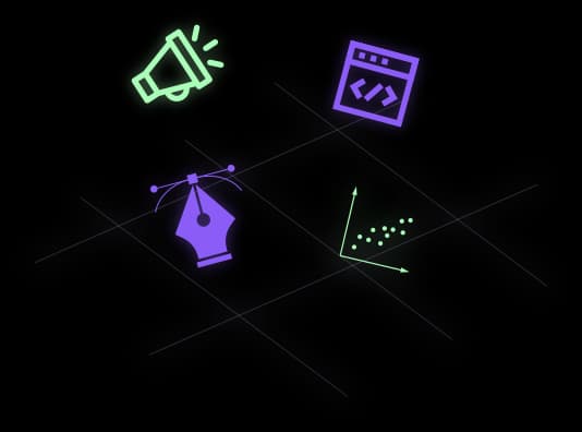 A glowing grid showing marketing, design, coding and analytics icons